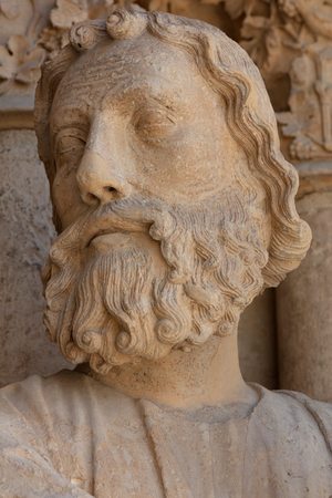 Exterior, West façade, West façade, South porch, A statue, Cathedral, Cathédrale Notre-Dame, Reims, Grand Est, Marne, France
