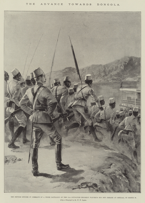 The Advance towards Dongola, the British Officer in Command of a Negro Battalion of the 11th Soudanese Regiment watching his Men embark at Shellal, on 18 March (litho)