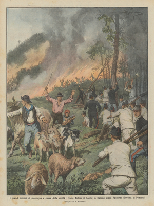 The great mountain fires due to drought, vast expanses of burning woods above  (colour litho)