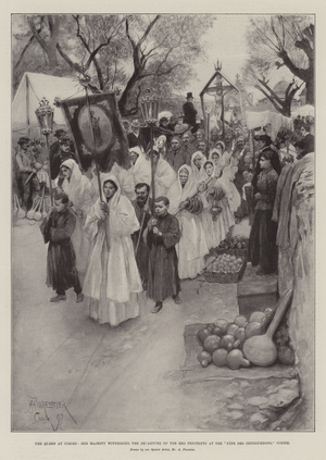 The Queen at Cimiez, Her Majesty witnessing the Departure of the Red Penitents at the "Fete des Cougourdons," Cimiez (engraving)