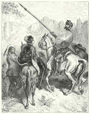 Gustave Dores Don Quixote: "Now, lady," said Don Quixote, "let me entreat your greatness to tell me which way we must go, to do you service" (engraving)