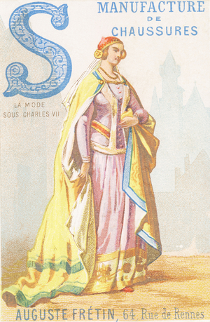 Letter S - Fashion under Charles VII (women's costume) ,1880 (chromolithography)