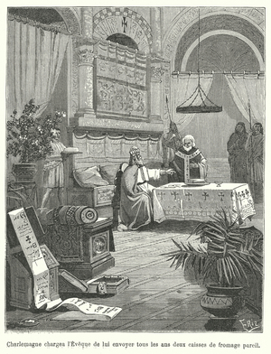 The Emperor Charlemagne asked the bishop to send him two cases of the same cheese every year (engraving)