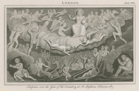 Scuplture over the gate of the cemetery at St Stephen's (engraving)