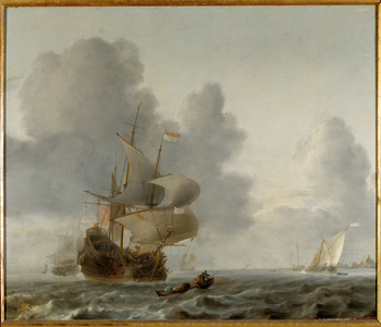 Warships and smaller ships in a breeze (oil on canvas)