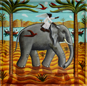 Elephant, angel & Red Parrots, 2024, (oil on wood)
