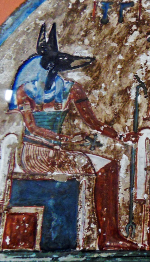 Stele Irynefer: Top level:The gods Anubis and Osiris enthroned facing Ahmose Nefertari and Amenhotep first deified: Reign of Seti I and Ramses II to 1290-1220 BC