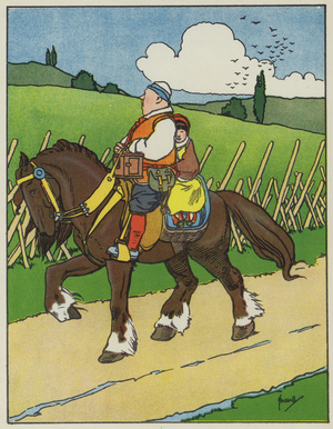 Gulliver's Travels: The farmer takes Gulliver with him to market (colour litho)