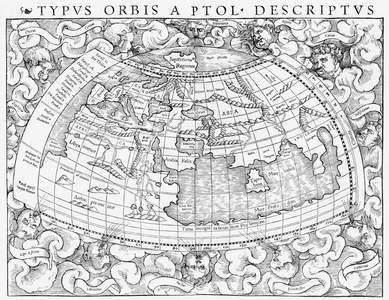 World Map and Wind Map by Ptolemy, c1880 (engraving)