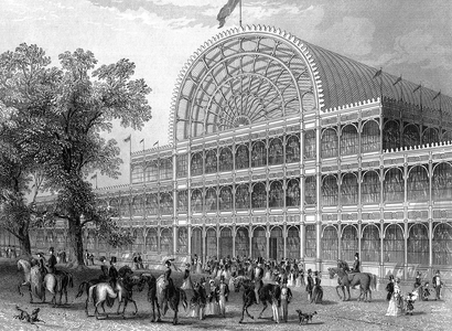 Exterior of the North Transept of the Crystal Palace, London, at the time of the Great Exhibition of 1851. Steel engraving 1851