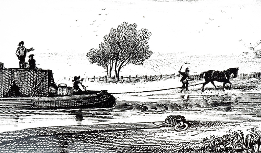 An engraving depicting a horse-drawn canal barge, 19th century