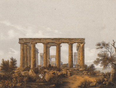Temple of Aphaea, Aegina, Greece (colour litho)