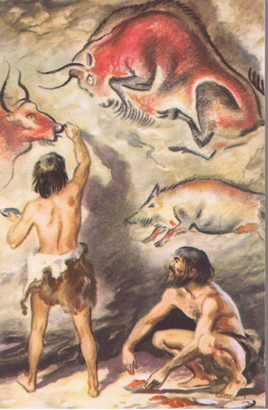 On the rocky walls of some caves in France, there are drawings of horses, deer and other animals (cave paintings), illustration from Stone Age Man in Britain published by Wills and Hepworth, 1961 (colour litho)