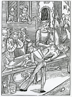 Of hym that wyll nat se his owne folysshenes and that stryueth agaynst his strenger, illustration from Alexander Barclay's English translation of 'The Ship of Fools', from an edition published in 1874 (engraving)