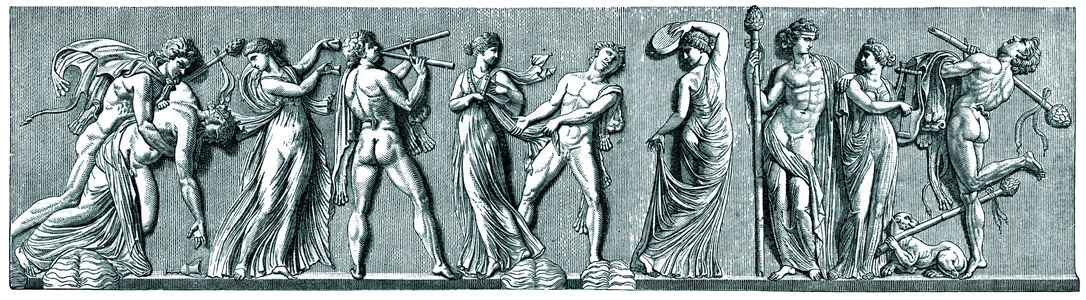 Bacchic Revel-flute player, female dancer, castanets (print)
