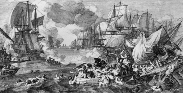 Fight between boats, engraving, 18th century