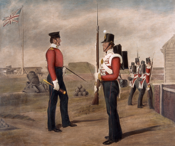 Major Thomas Egerton and a sentry, 77th (The East Middlesex) Regiment, Portsmouth, 1849 (photograph of painting)