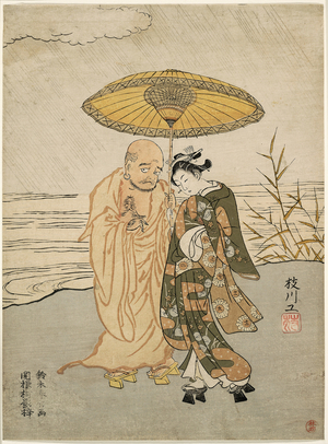 Daruma and a young woman in the rain, 1765 (colour woodblock print; chuban, surimono)