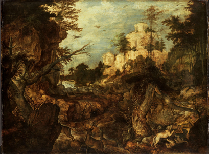 Wild boar hunt in a rocky landscape, 1620 (oil on panel)