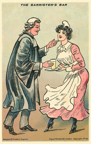 Barrister touching up a pretty maid (colour litho)