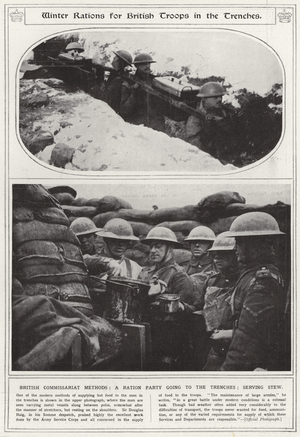 Winter rations for British troops in the trenches, British commissariat methods, a ration party going to the trenches; serving stew (b/w photo)