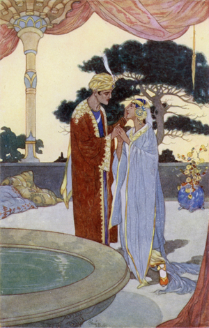 Noureddin and the Beautiful Slave (colour litho)