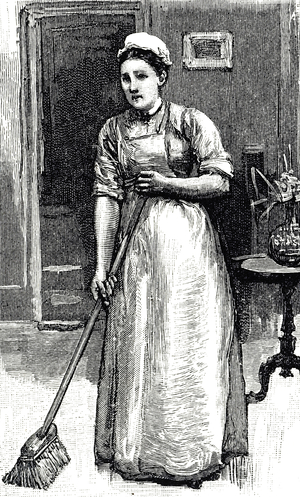 Engraving depicting a maid sweeping the floor with a broom, 19th century