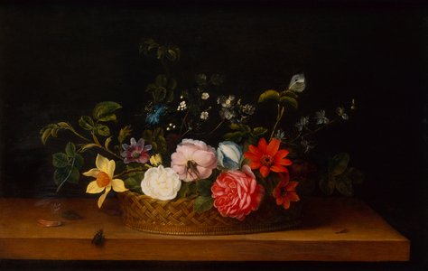 Flowers in a Basket with Insects on a Ledge (oil)