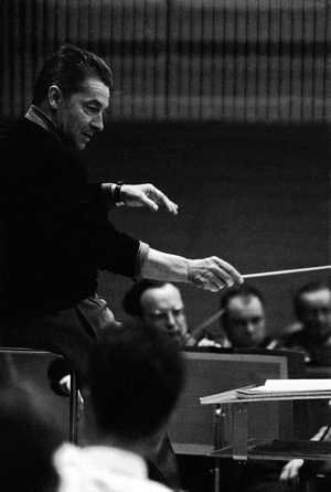 Conductor Herbert von Karajan recording Bruckner's 8th symphony with the Berlin Philharmonic at the Grunewald Church in Berlin ..., 1957 (photo)