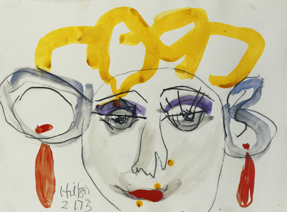 Woman's Face, 1973 (black crayon, watercolour and gouache)