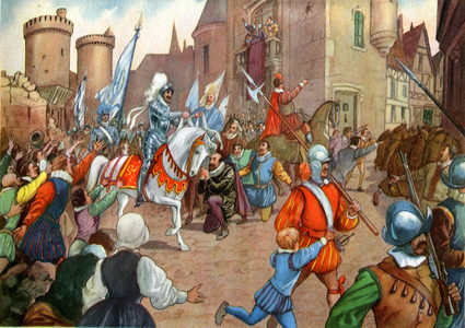 History. France. Henri IV of France enters in Paris. Illustration in: Belles images d'histoire (schoolbook) , by H. Geron, France, c.1948 Coll. Part. (print)