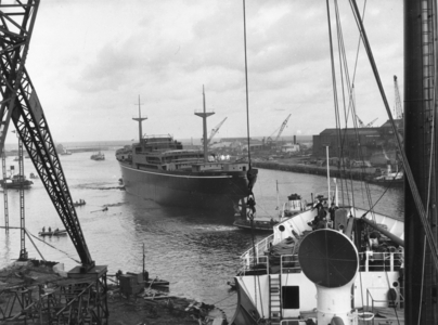 The cargo ship ‘Eastern Ranger’ after launch on the River Wear, Sunderland, Tyne and Wear, UK, 1961 (b/w photo)
