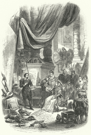 Albert and Isabella of Austria visiting the studio of Peter Paul Rubens, 17th Century (engraving)