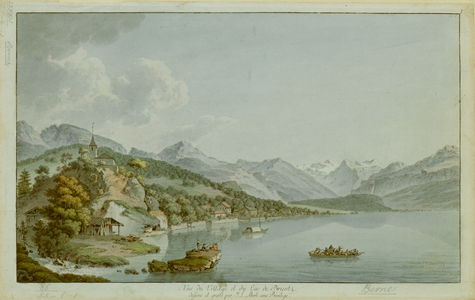 Three fishermen on a rock in Lake Brienz and a ferry-boat loaded with goods and passengers in the foreground, with a church, the village of Brienz and mountains in the background