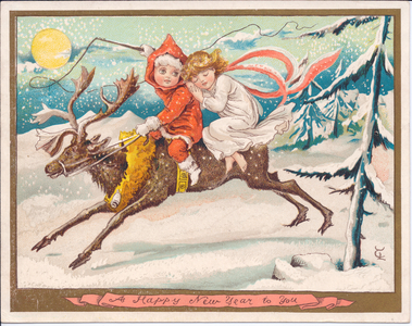 A Victorian New Year card of a girl and boy fairy astride a reindeer on a moonlit snowy night, c.1880 (colour litho)