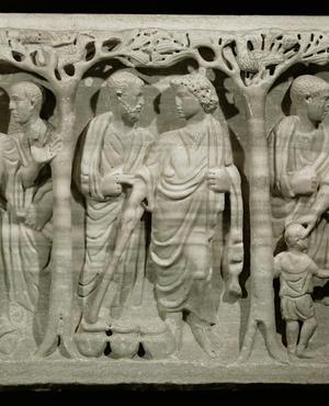 The multiplication of fish, Saint Peter next to Jesus; from the " Sarcophagus of the Trees " (marble)