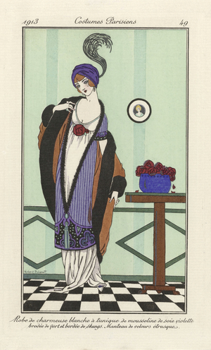 Robe de charmeuse blanche a tunique de mousseline de soie violette brodée de vert bordée de skungs. Manteau de velours étrusque, from Costumes Parisiens, pub.1913 (pochoir print)