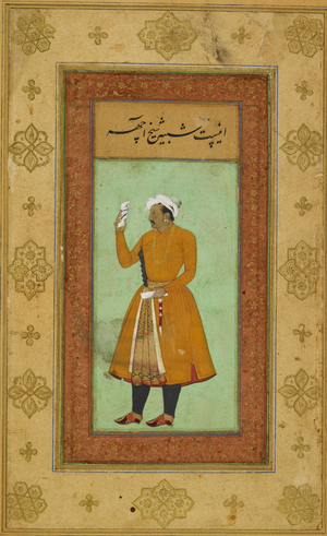 Portrait of Shaikh Acche, who stands facing left, wearing an orange-brown jama against a plain green ground, holding up in his right hand an inscribed paper, and in his left an envelope. A knife-case is suspended from his girdle.