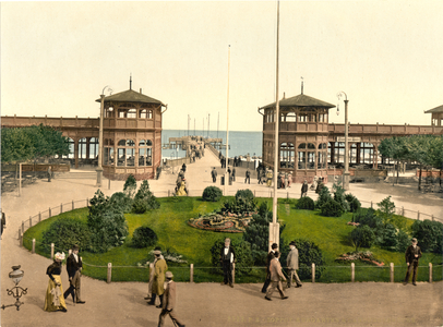 Kurgarten and Landungsbrücke, Zoppot, East Prussia, Germany, c.1900 (colour litho)