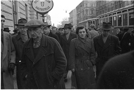 Life in post- war Vienna. People at a busy tram stop ..., 1953 (photo)