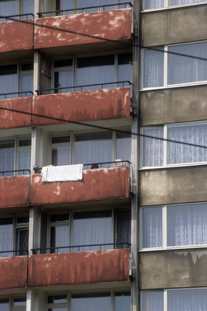 The caption translates to: "Decrepit balconies of a prefab building in Liberec, Czech Republic, Society 2 ..., 1995 (photo)"