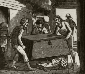 'Gordon and his companions pressing the French captain to death with a large chest', c.1836