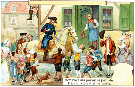 Frederick the Great of Prussia with the urchins (colour litho)