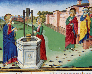 Jesus asks a Samaritan woman of Sychar for water from Jacob's Well. Codex of Predis (1476). Italy.