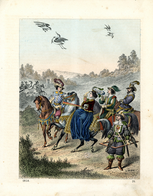 Historical Falconry Scene (hand-coloured engraving)