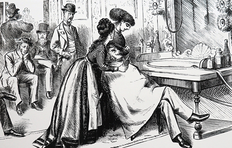 Having one's haircut, by one of the new lady barbers, 1868