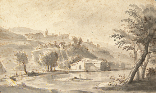 An Italian village on a hill seen from a river bank (recto) (black chalk, pen and brown ink, grey wash)