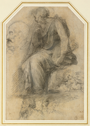 A male saint, seated (St Paul): Study for the Disputa, WA1846.189 (charcoal with white heightening)