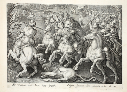 A lion hunt with spears, illustration from 'Venationes, Ferarum, Avium, Piscium' (Of Hunting: Wild Beasts, Birds, Fish), engraved by Jan Collaert (1566-1628), pub. by Phillipus Gallaeus, Amsterdam (engraving)