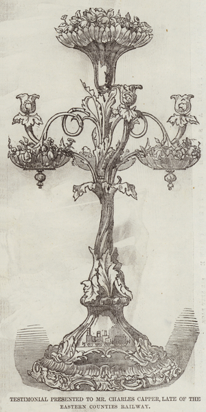 Testimonial presented to Mr Charles Capper, Late of the Eastern Counties Railway (engraving)